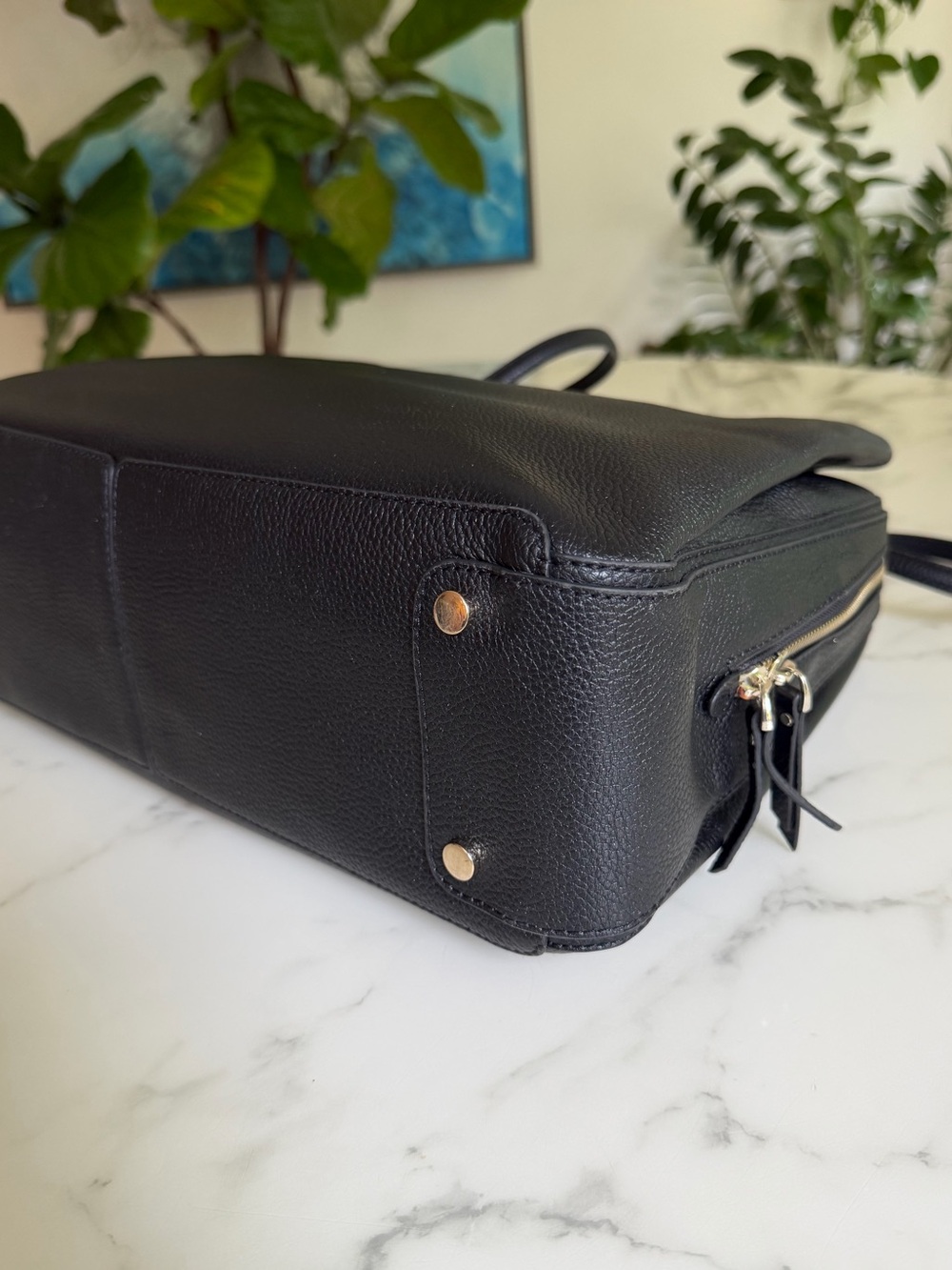 Quince Italian Leather Triple Compartment Work Tote Black Laptop Shoulder Bag - Picture 8 of 14